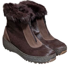Oscar Sports brown fur winter boots size 40 leather zip wedge platform Italy